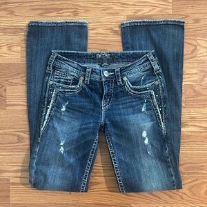 Silver Jeans Womens Aiko Bootcut Distressed Embellished Jeans EUC Size 26/33